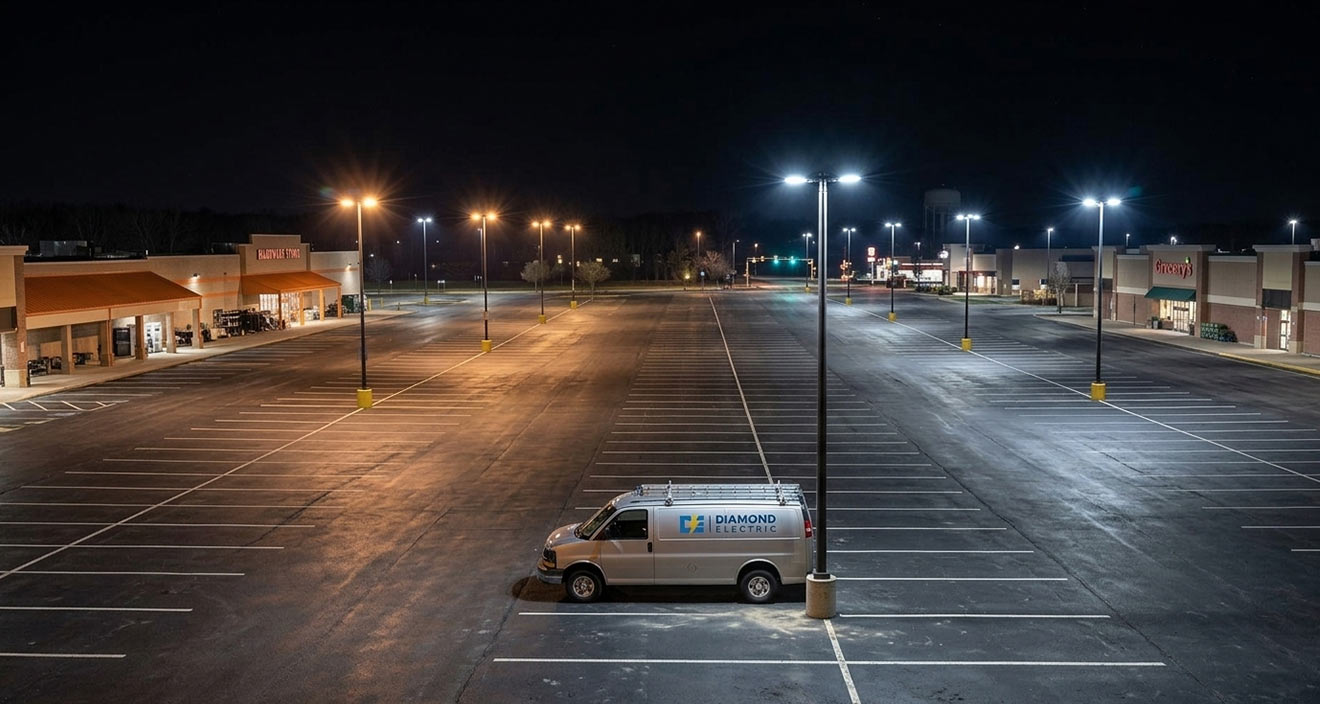 Diamond Electric work van parked in a brightly lit parking lot at night
