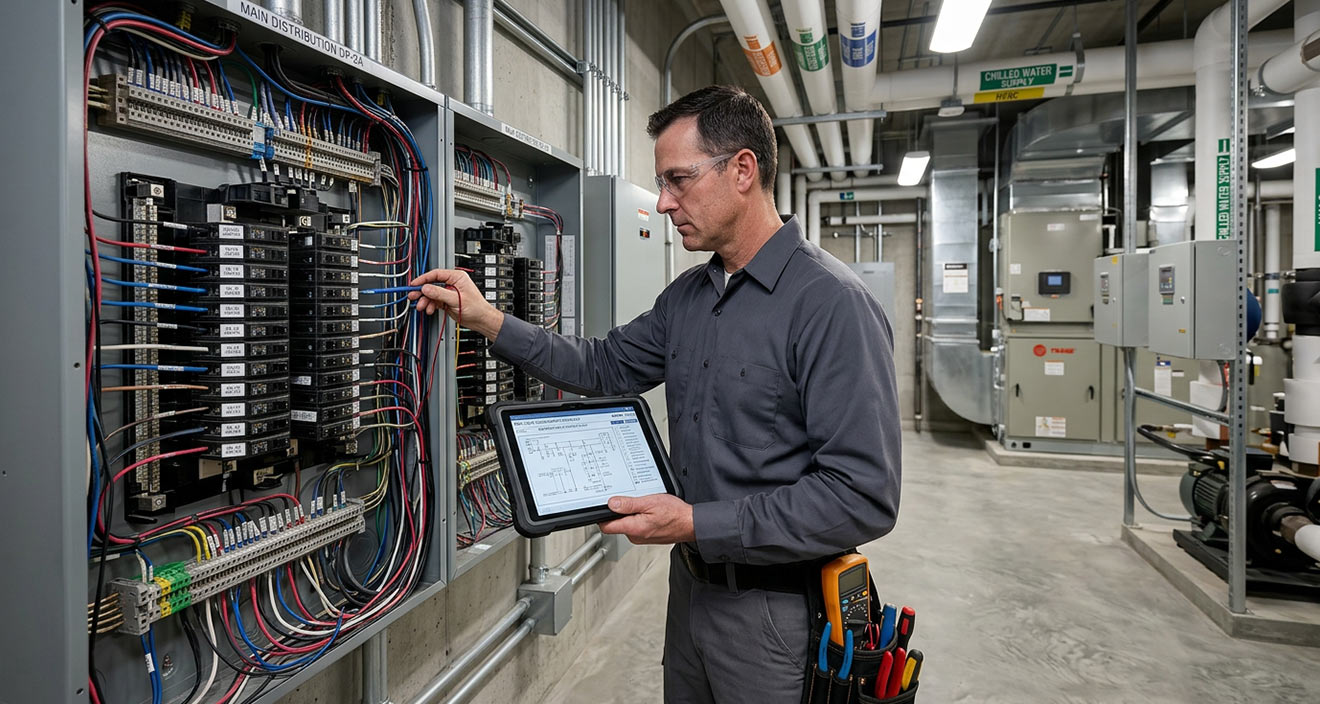 Diamond Electric electrician working at a commercial job site