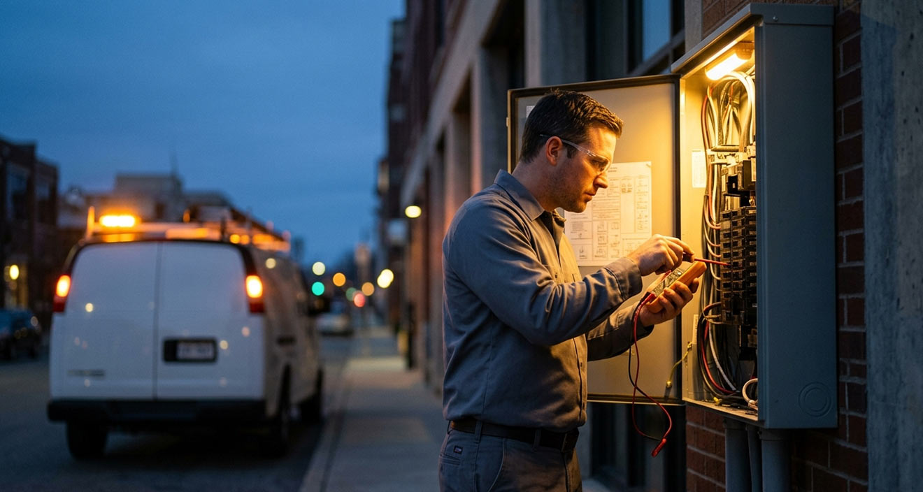Diamond Electric electrician working on an emergency 24/7 service call