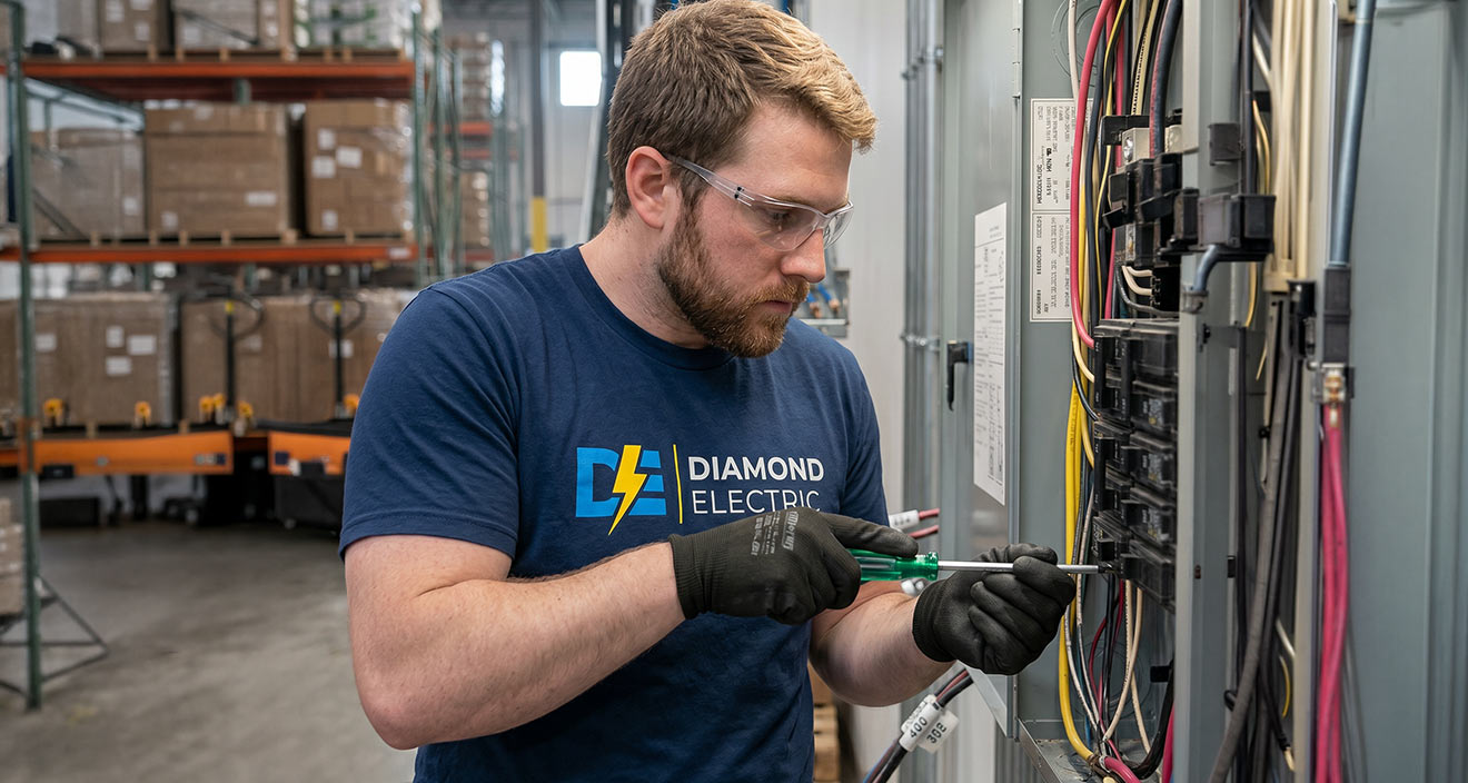 Diamond Electric electrician working at a commercial job site