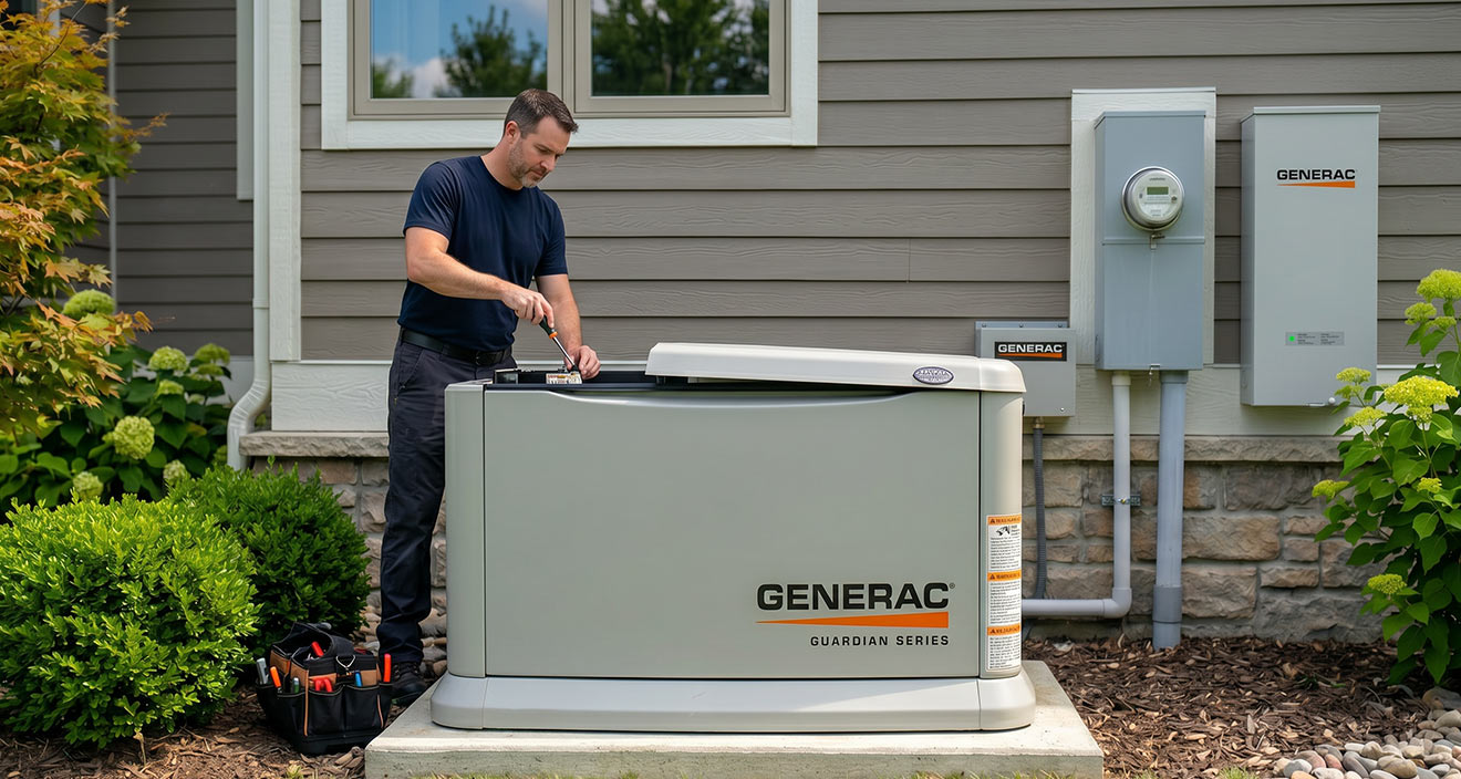 electrician providing maintenance service to a Generac generator at a residential home