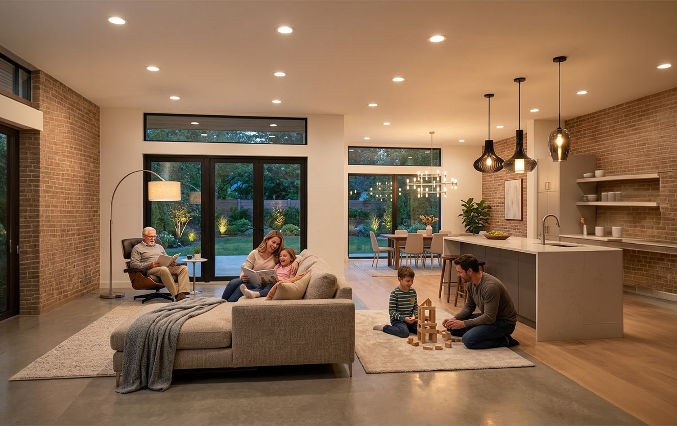 happy family enjoying time together in their brightly lit living room